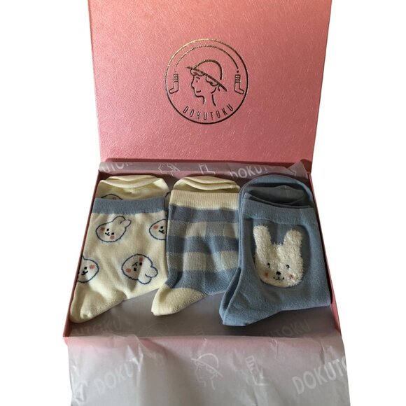 Dokutoku Crew Socks Box Gift Set 3 Pairs Bunny Rabbit Animal Patterns Easter NEW - Picture 2 of 5